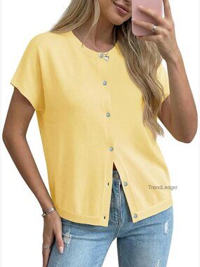 Oversized Short Sleeve Cardigan Lightweight Knit Button Down Crew Neck